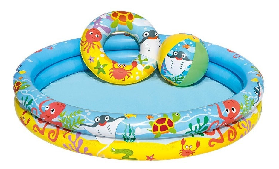 ALBERCA INFLABLE REDONDA 1.22X.20CM C/SALVAVIDAS Y PELOTA DEC MAR