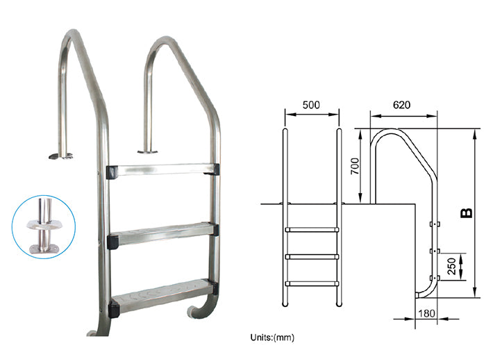 ESCALERA DESBORDE, 3 PELDAOS ANTIDERRAPAMTE ACERO INOX 304